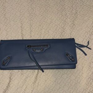 Balenciaga Navy Blue Leather Papier Long Clutch